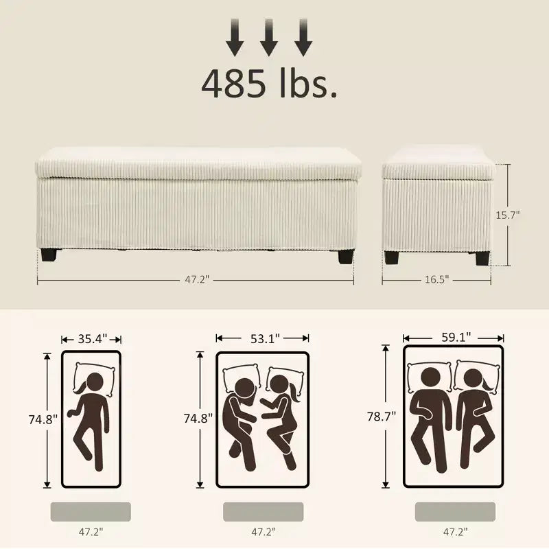 Banc ottoman de rangement de 47 pouces avec revêtement en velours côtelé