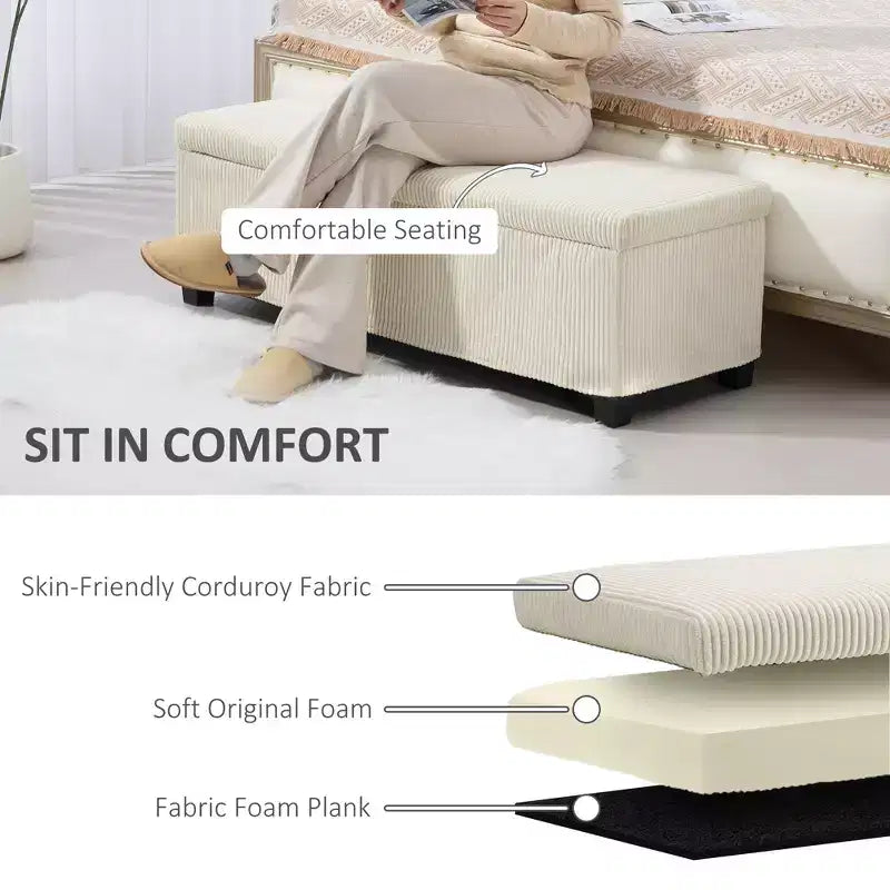 Banc ottoman de rangement de 47 pouces avec revêtement en velours côtelé