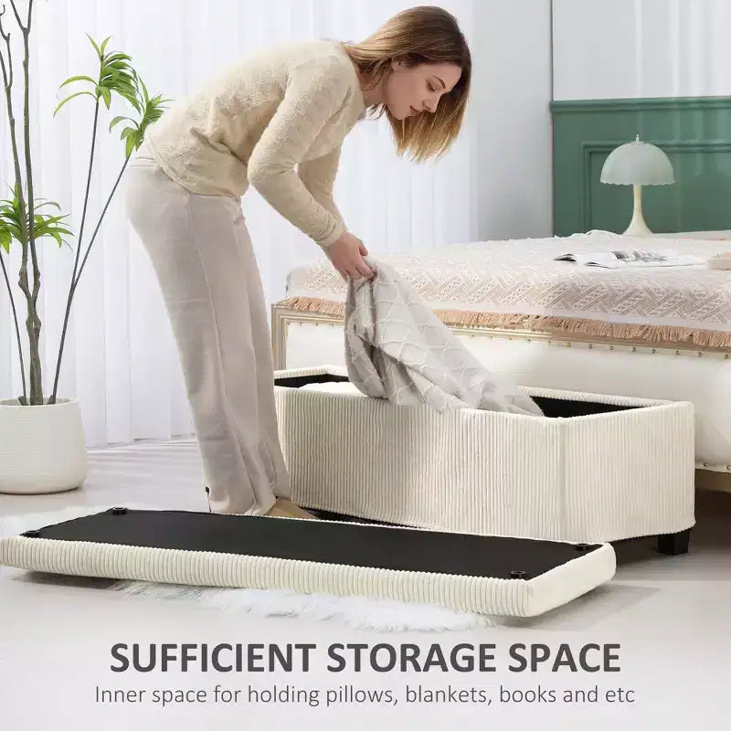 Banc ottoman de rangement de 47 pouces avec revêtement en velours côtelé