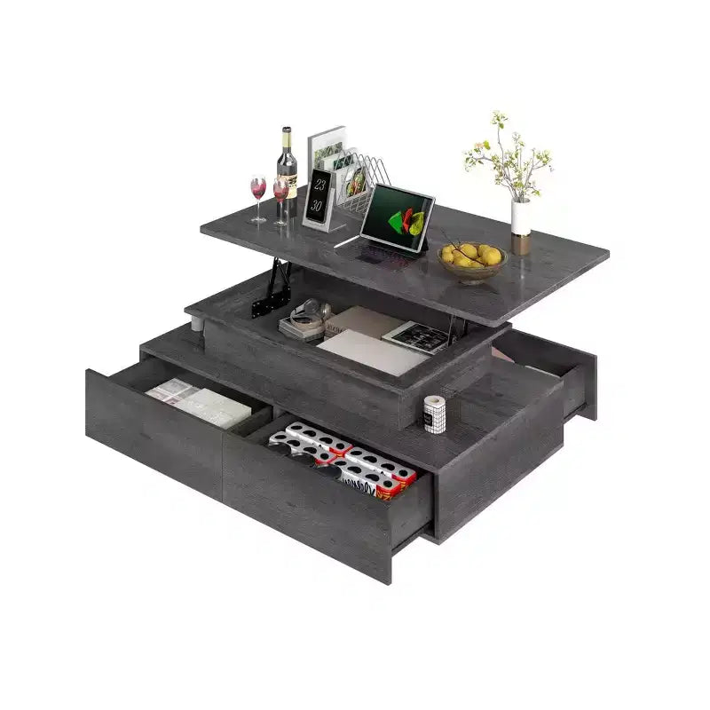 Table basse LED relevable avec 4 tiroirs et étagère de rangement