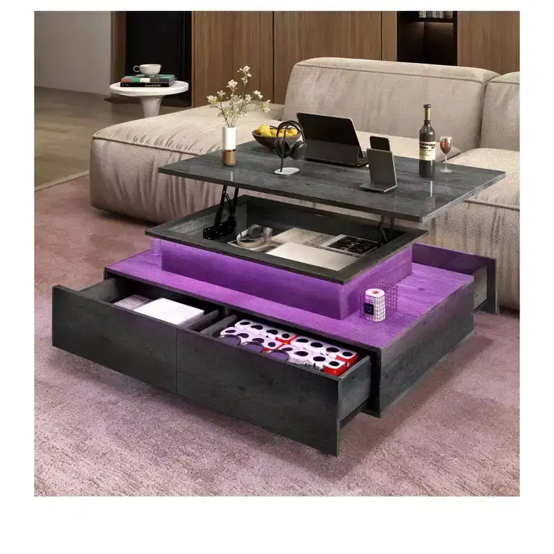 Table basse LED relevable avec 4 tiroirs et étagère de rangement