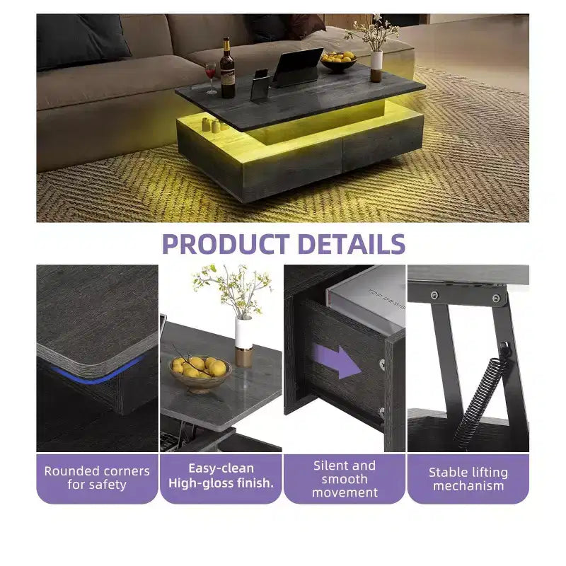 Table basse LED relevable avec 4 tiroirs et étagère de rangement