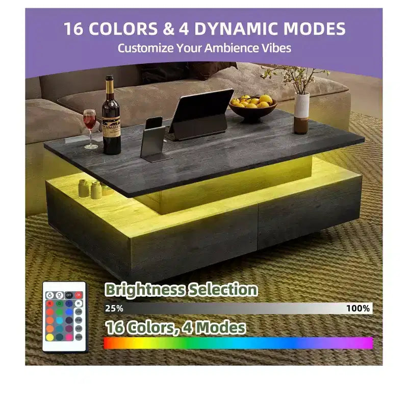 Table basse LED relevable avec 4 tiroirs et étagère de rangement