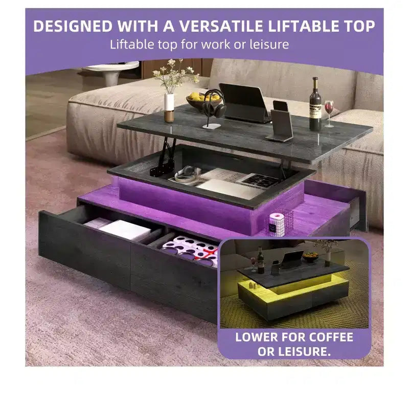 Table basse LED relevable avec 4 tiroirs et étagère de rangement