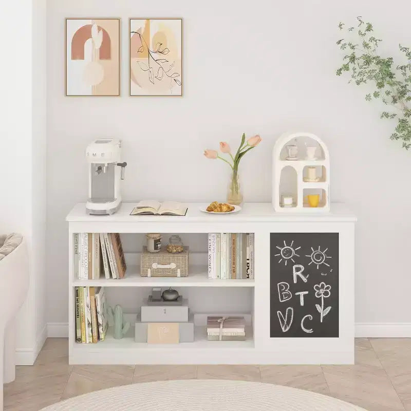 Étagère à Livres et Meuble de Rangement pour Jouets 3-en-1 pour Enfants avec Tableau Noir, Doubles Étagères Ouvertes - Blanc