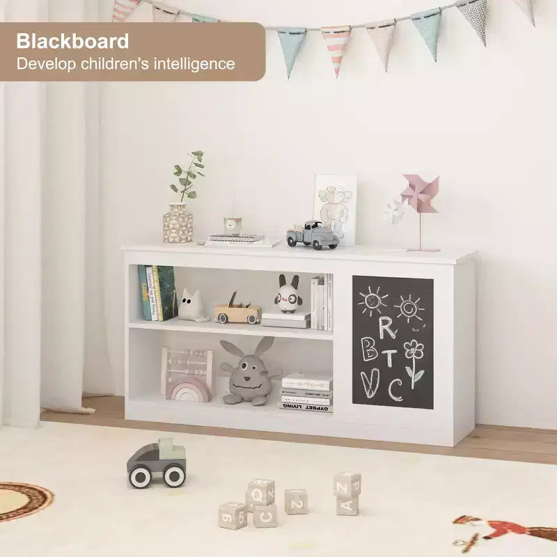 Étagère à Livres et Meuble de Rangement pour Jouets 3-en-1 pour Enfants avec Tableau Noir, Doubles Étagères Ouvertes - Blanc