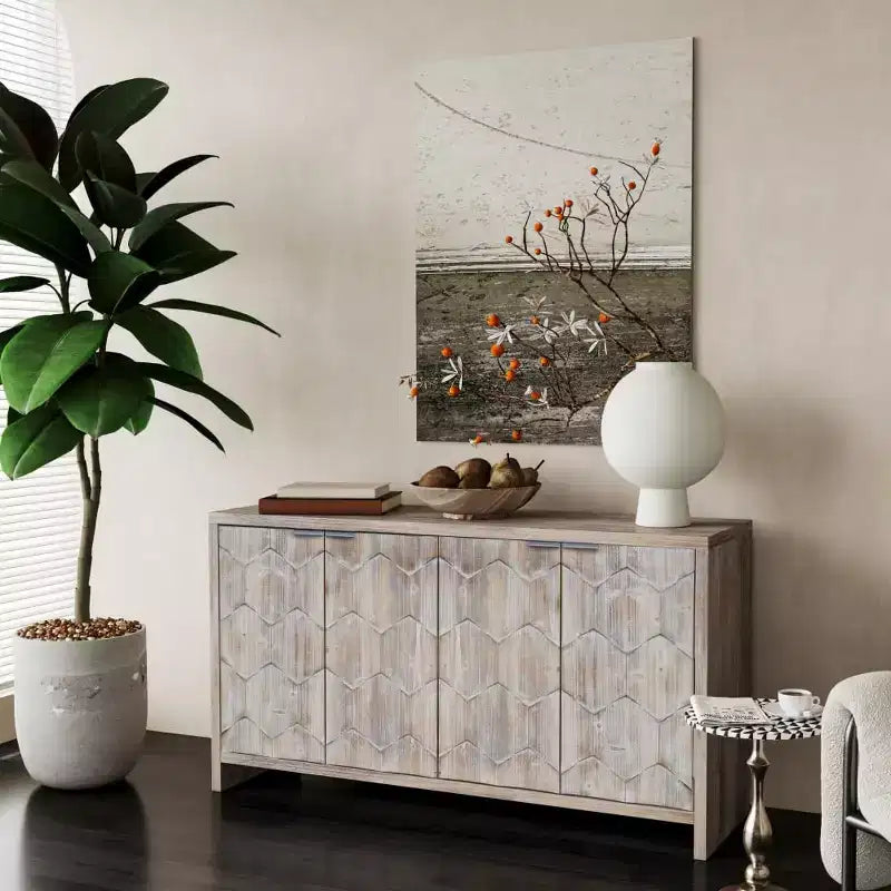 Buffet de rangement avec portes à motif hexagonal et étagères réglables
