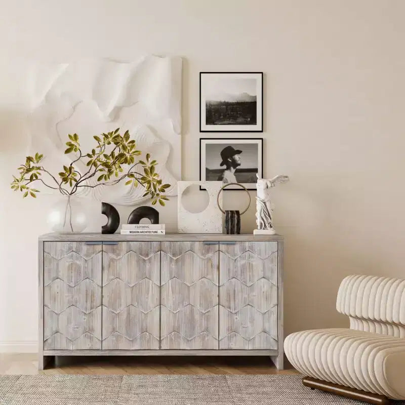 Buffet de rangement avec portes à motif hexagonal et étagères réglables