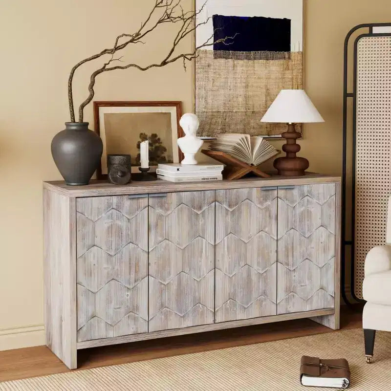 Buffet de rangement avec portes à motif hexagonal et étagères réglables