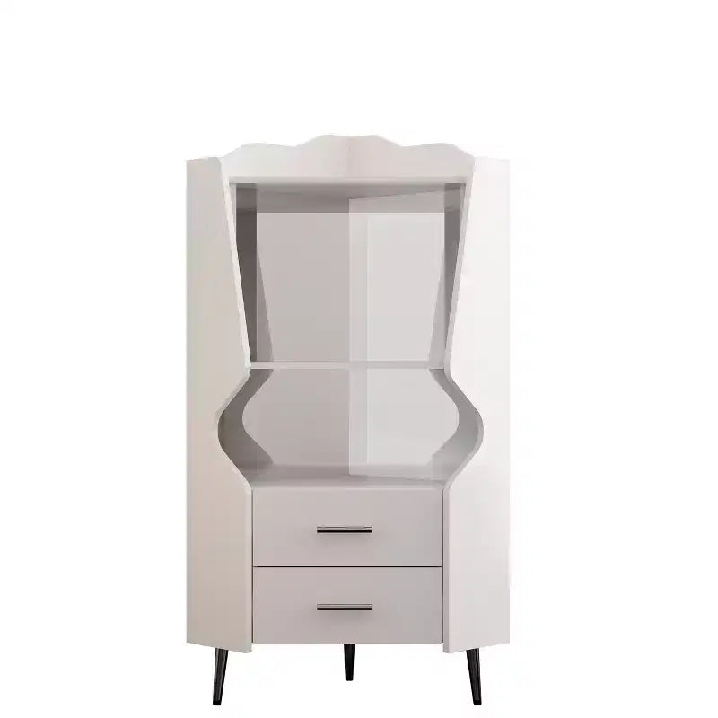 Meuble de bar d'angle moderne avec étagères ouvertes et tiroirs, blanc