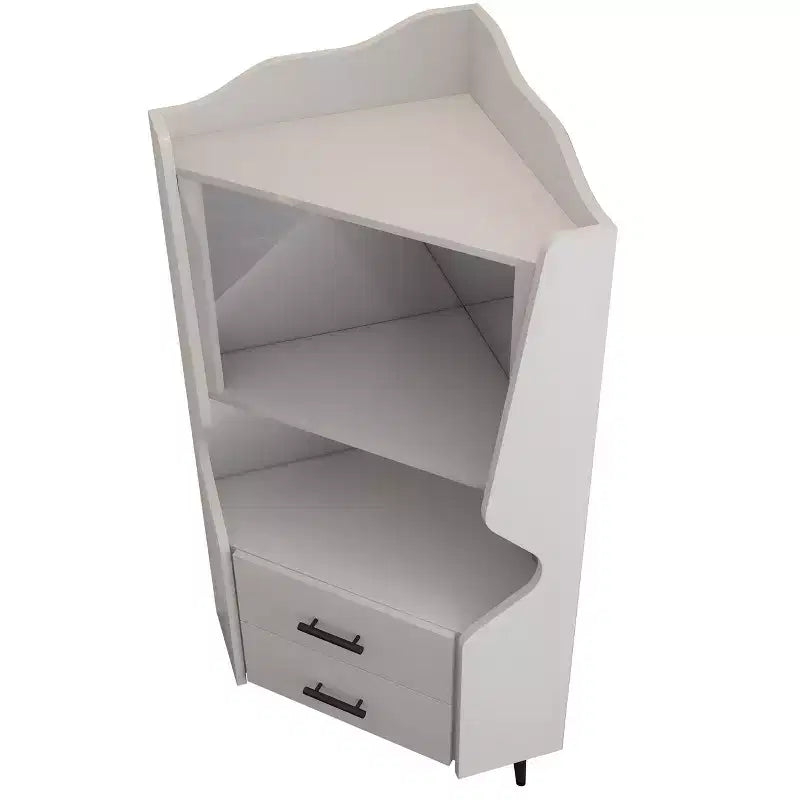 Meuble de bar d'angle moderne avec étagères ouvertes et tiroirs, blanc
