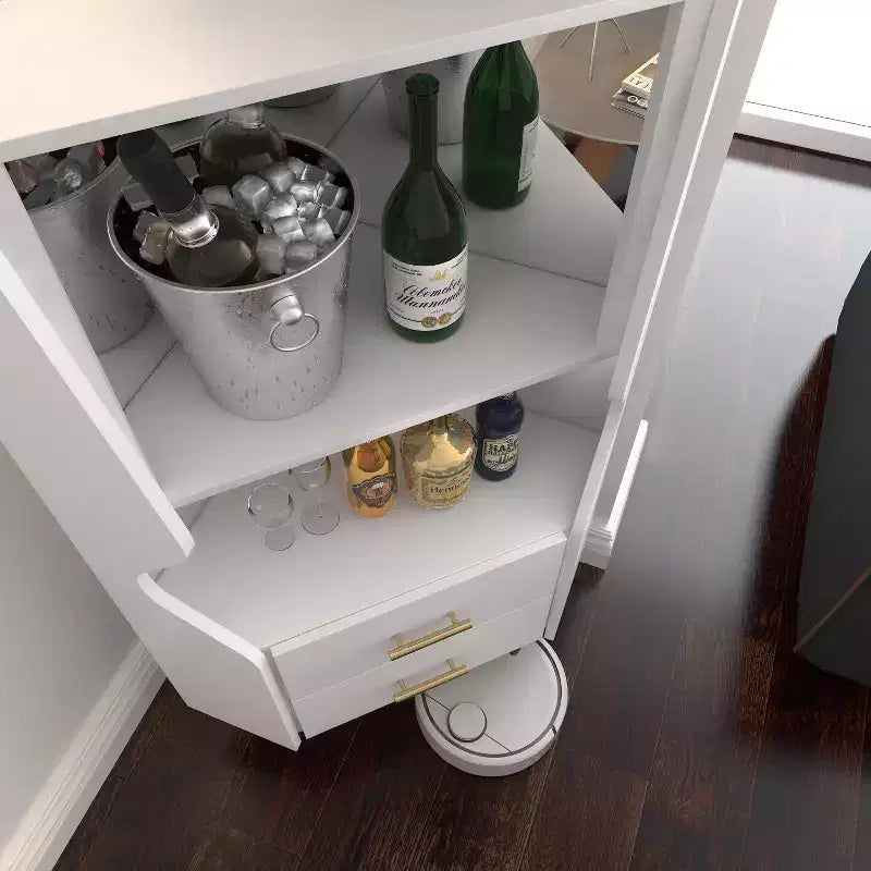 Meuble de bar d'angle moderne avec étagères ouvertes et tiroirs, blanc