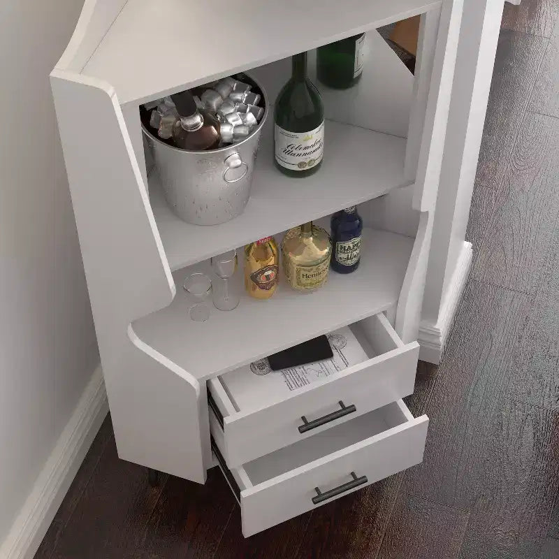 Meuble de bar d'angle moderne avec étagères ouvertes et tiroirs, blanc