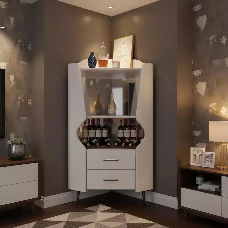 Meuble de bar d'angle moderne avec étagères ouvertes et tiroirs, blanc