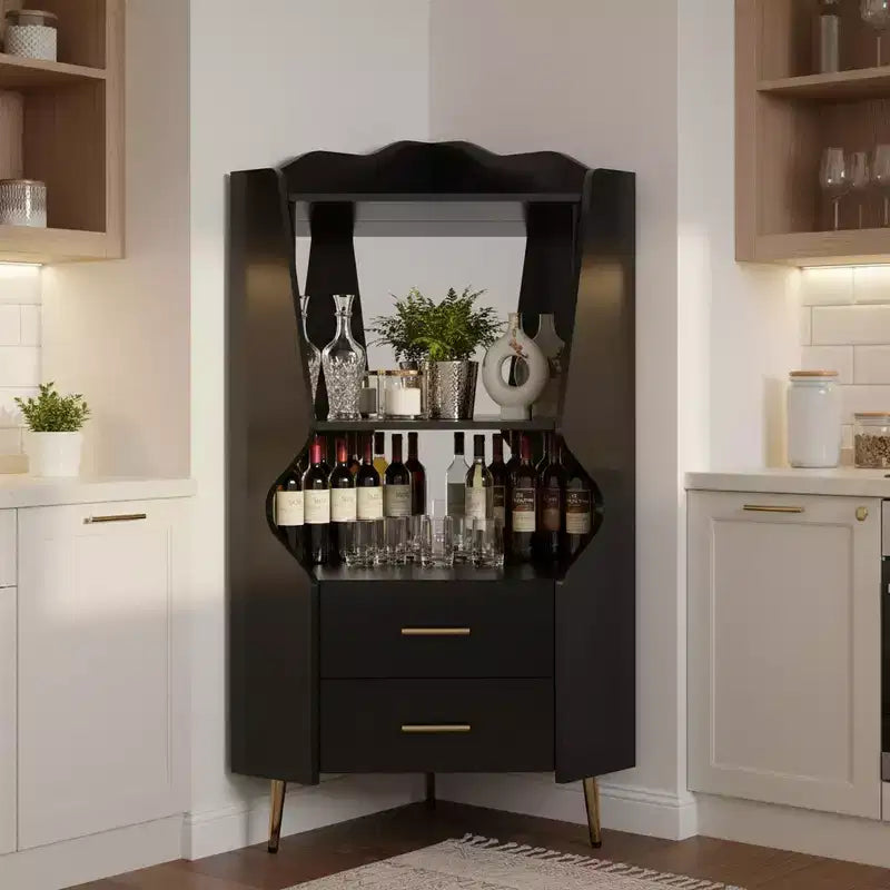 Meuble d'angle bar moderne avec étagères et tiroirs, noir