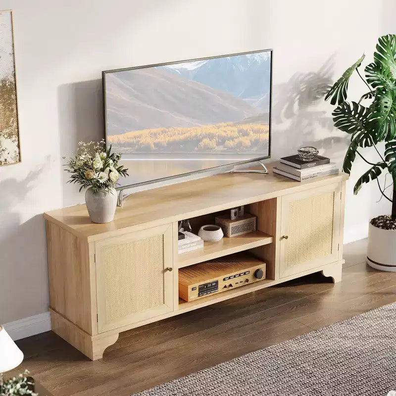 Meuble TV en rotin avec placards et étagères ouvertes, convient aux téléviseurs jusqu'à 70 pouces