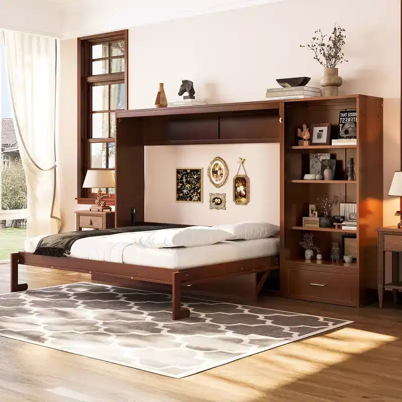 Lit plateforme pliable Queen size et lit escamotable avec compartiments de rangement à hauteur réglable