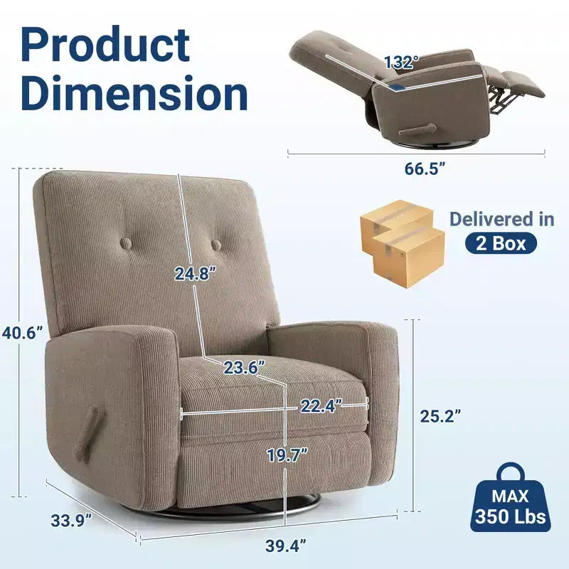 Fauteuil inclinable, pivotant à 360°, avec poches latérales