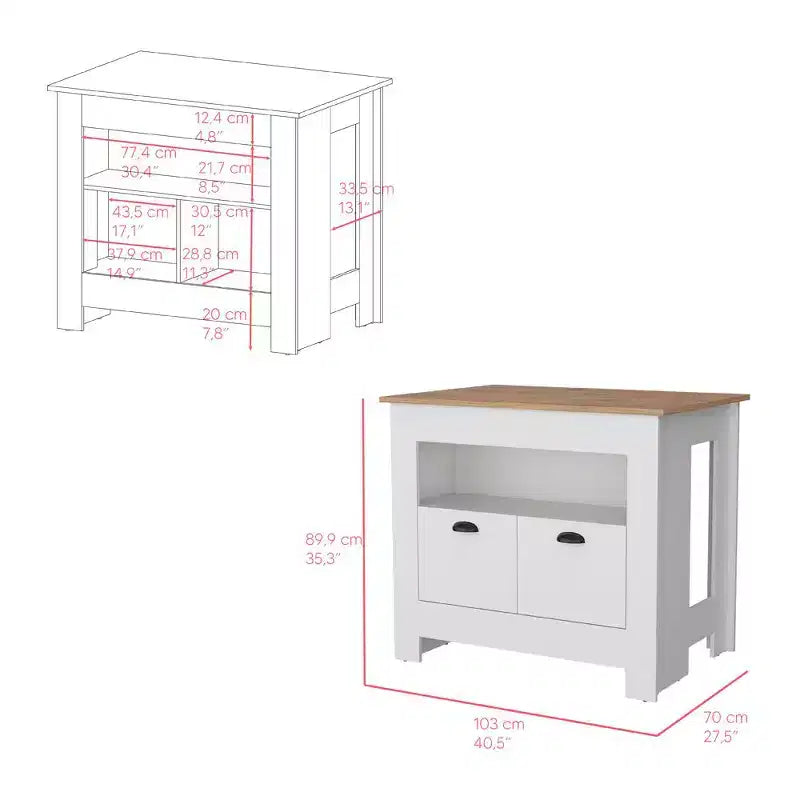 Îlot de cuisine moderne avec 2 portes d'armoire et 3 étagères de rangement