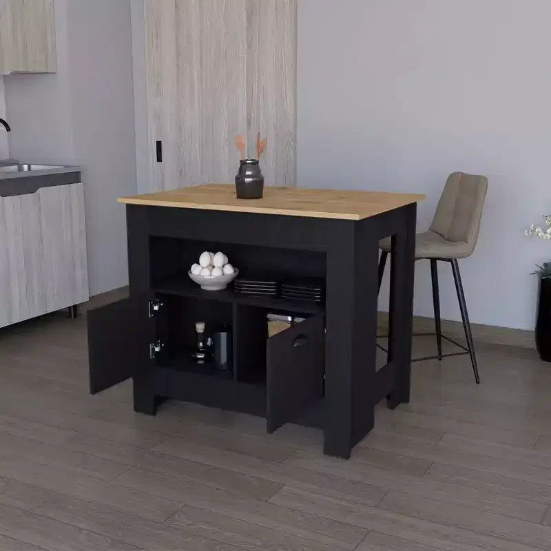 Îlot de cuisine moderne avec 2 portes d'armoire et 3 étagères de rangement
