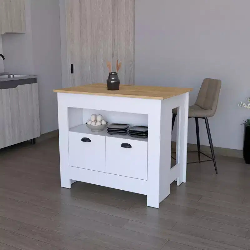 Îlot de cuisine moderne avec 2 portes d'armoire et 3 étagères de rangement