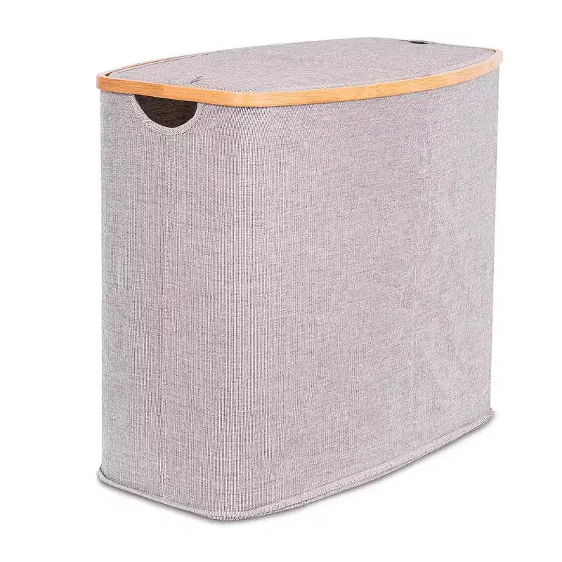 Panier à linge double en bambou et toile - Gris