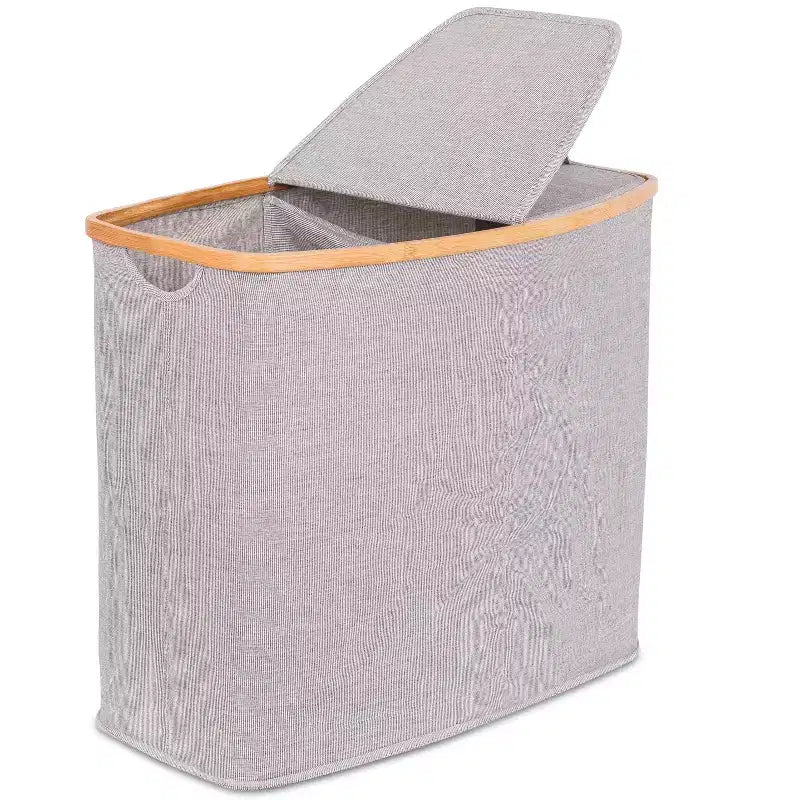 Panier à linge double en bambou et toile - Gris