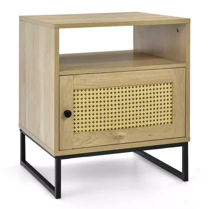 Table de chevet 2 PCS avec armoire, Table d'appoint en bois avec porte décorée en rotin, Chêne