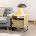 Table de chevet 2 PCS avec armoire, Table d'appoint en bois avec porte décorée en rotin, Chêne