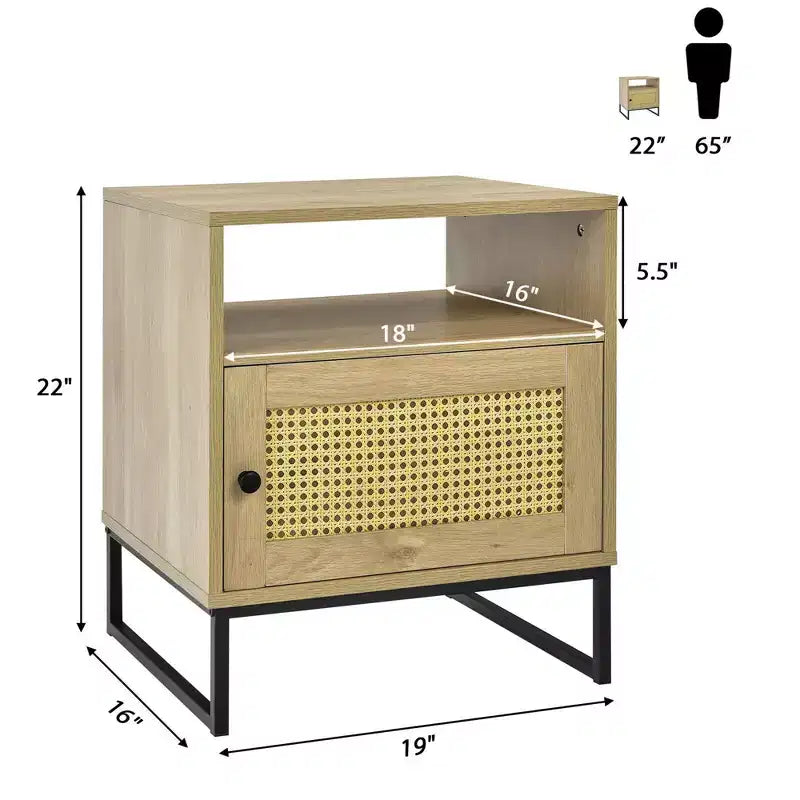 Table de chevet 2 PCS avec armoire, Table d'appoint en bois avec porte décorée en rotin, Chêne