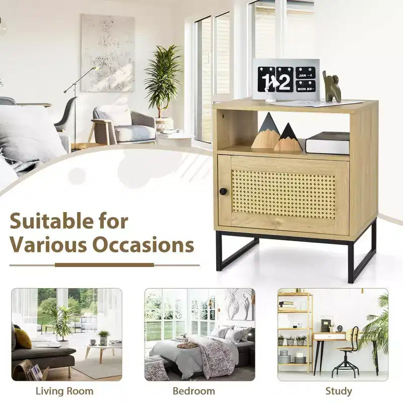 Table de chevet 2 PCS avec armoire, Table d'appoint en bois avec porte décorée en rotin, Chêne