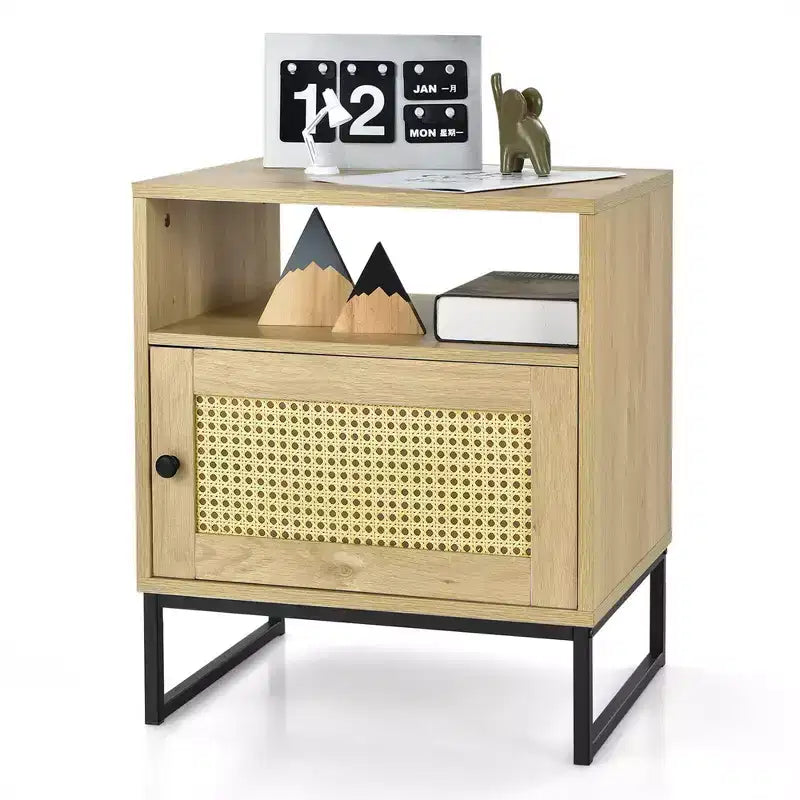 Table de chevet 2 PCS avec armoire, Table d'appoint en bois avec porte décorée en rotin, Chêne