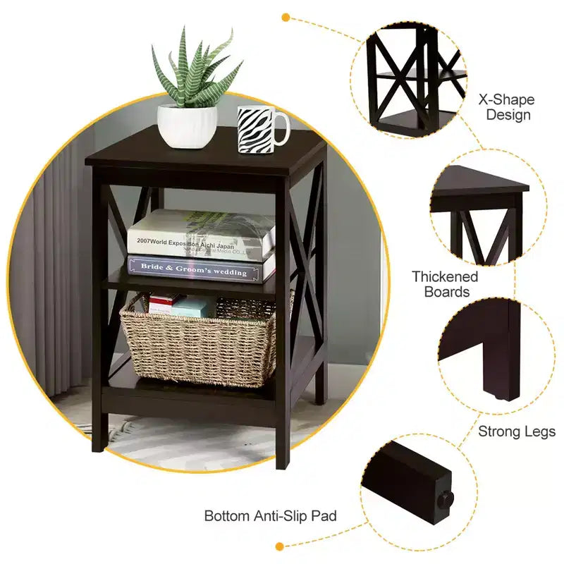 Lot de 2 tables de chevet à 3 niveaux avec étagère de rangement en X