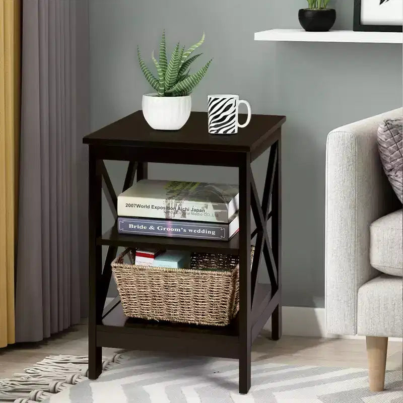 Lot de 2 tables de chevet à 3 niveaux avec étagère de rangement en X