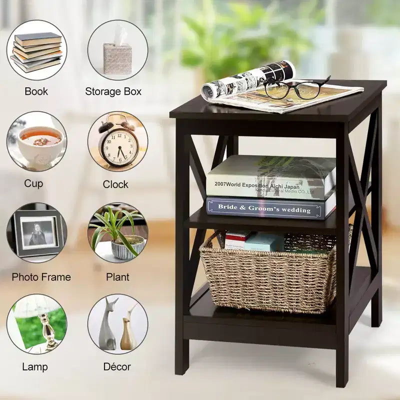 Lot de 2 tables de chevet à 3 niveaux avec étagère de rangement en X