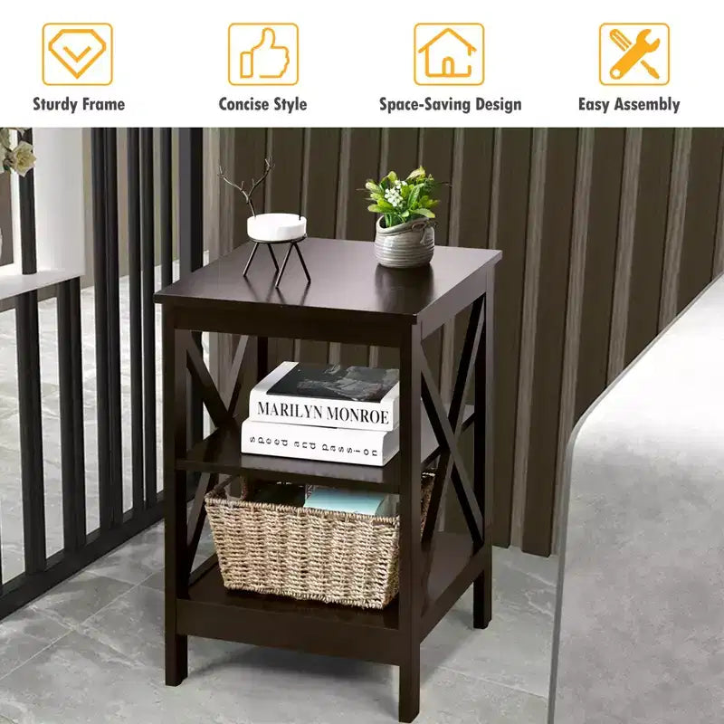 Lot de 2 tables de chevet à 3 niveaux avec étagère de rangement en X