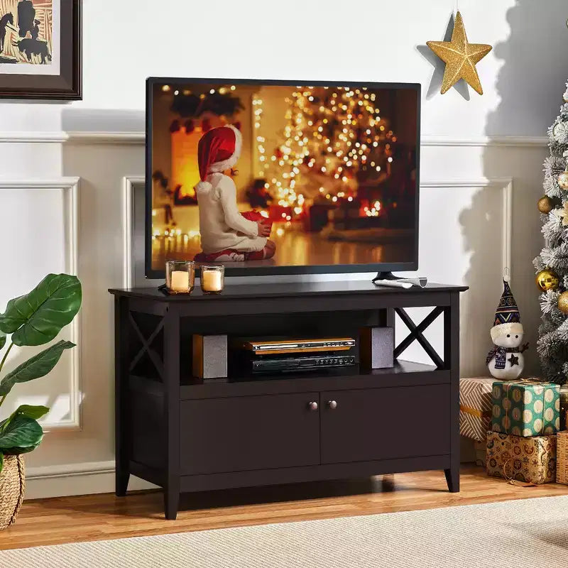 Meuble TV avec 2 compartiments de rangement et étagère ouverte, Espresso