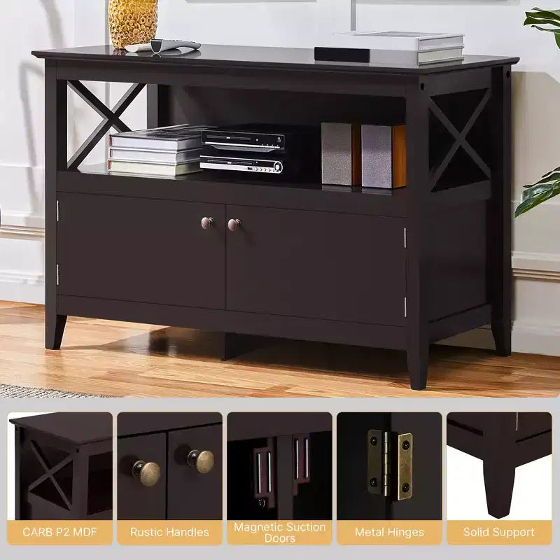 Meuble TV avec 2 compartiments de rangement et étagère ouverte, Espresso