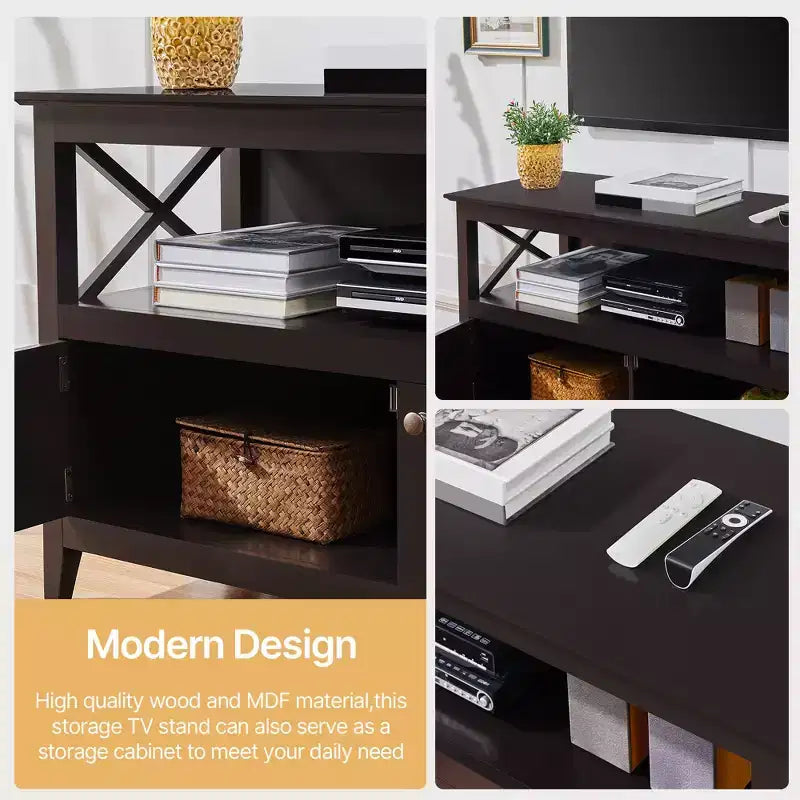 Meuble TV avec 2 compartiments de rangement et étagère ouverte, Espresso