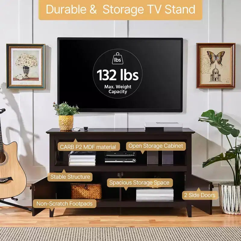 Meuble TV avec 2 compartiments de rangement et étagère ouverte, Espresso